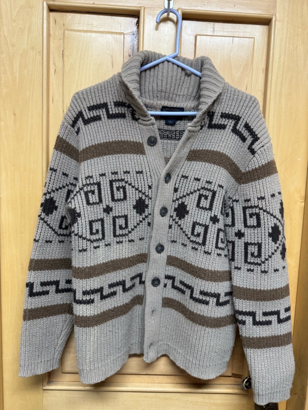 Pendleton Beige Shawl Collar Cardigan with Brown and Black Pattern